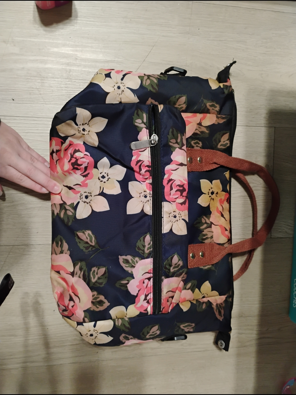 Floral Navy Travel Tote Bag with Brown Handles - Picture 1 of 3